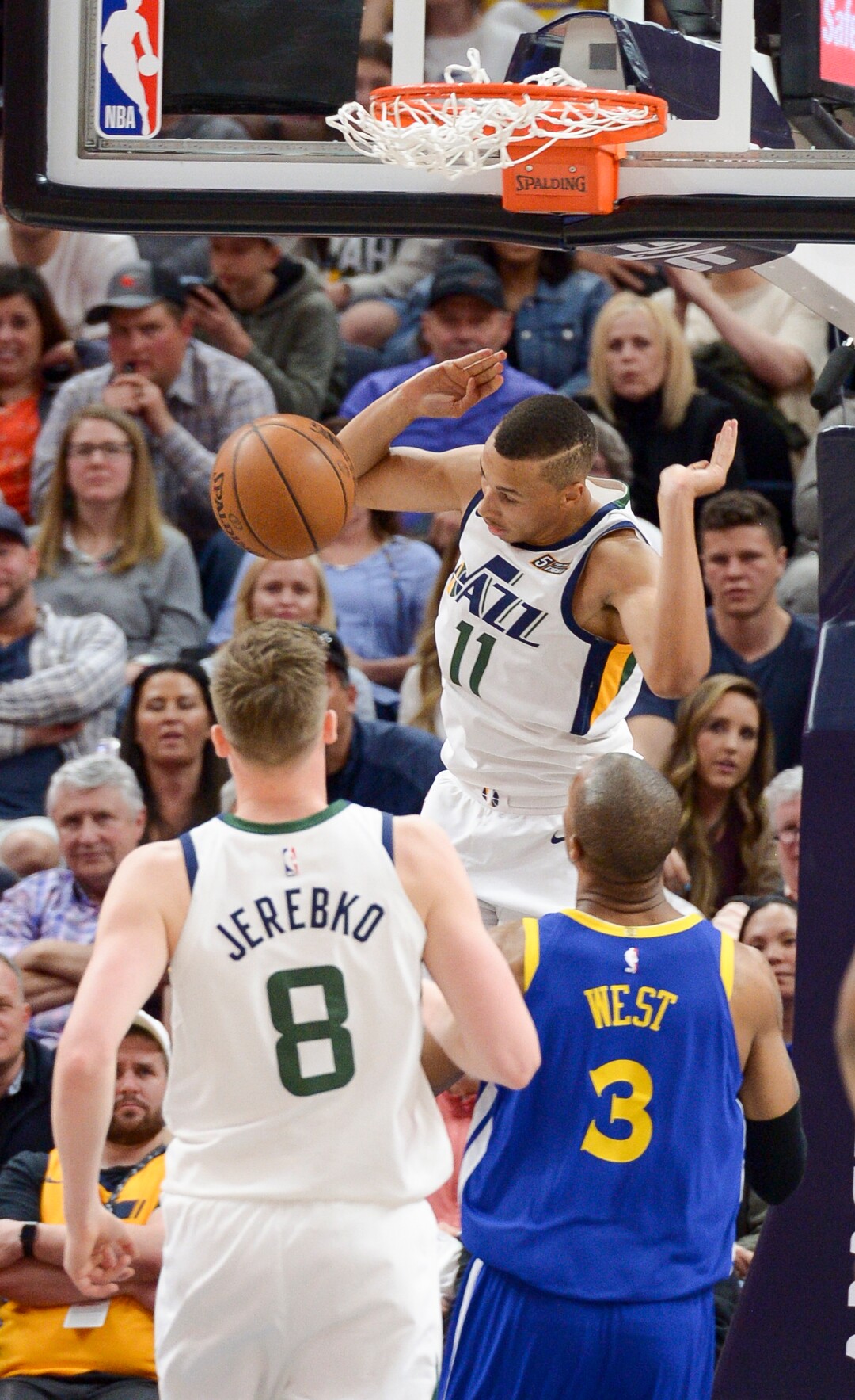 (Leah Hogsten  |  The Salt Lake Tribune)  Utah Jazz guard Dante Exum (11) with the dunk. The Utah Jazz defeated the Golden State Warriors 119-79 during their game, Tuesday, April 10, 2018 at the Vivant Smart Home Arena. 