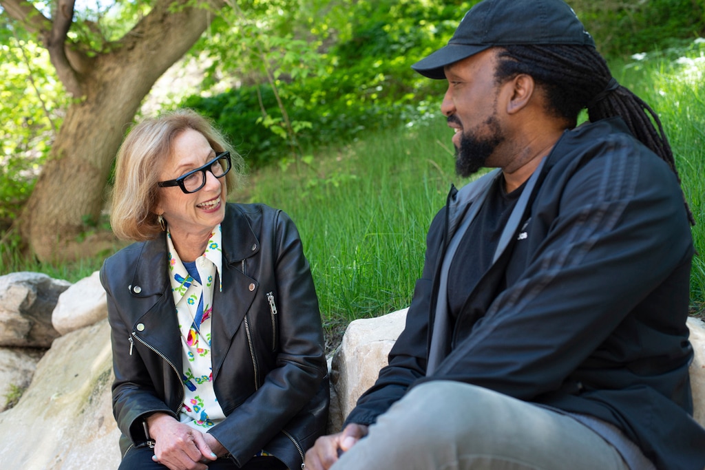 (Jonathan Hickerson  |  Sundance Institute) Michelle Satter, left, talks with filmmaker Rashad Frett at the Sundance Mountain Resort on June 10, 2023, during the Sundance Institute Directors and Screenwriters Lab. Satter, the founding senior director of the institute's Artist Programs, is scheduled to receive the Jean Hersholt Humanitarian Award in November, the Academy of Motion Picture Arts and Sciences announced Monday, June 26, 2023.