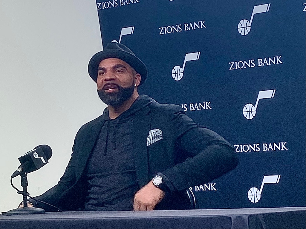 (Eric Walden | The Salt Lake Tribune) Former NBA All-Star Carlos Boozer speaks with media prior to the Utah Jazz-Phoenix Suns game on April 8, 2022. The Jazz were honoring the power forward who was a central piece of the team's roster for six seasons between 2004-10.