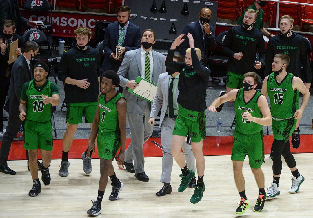 (Leah Hogsten  |  The Salt Lake Tribune) Utah Valley Wolverines head coach Mark Madsen looks to the scoreboard as the Wolverines come within one point of Utah as the Utes host Utah Valley University on Tuesday, Dec. 15, 2020 at the Jon M. Huntsman Center. The Utes won 75-67.