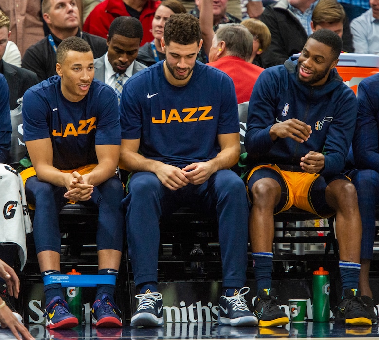(Rick Egan  |  The Salt Lake Tribune)     The Utah Jazz bench joke around during the game between the Utah Jazz and the Minnesota Timberwolves in Salt Lake City, Monday, Nov. 18, 2019.