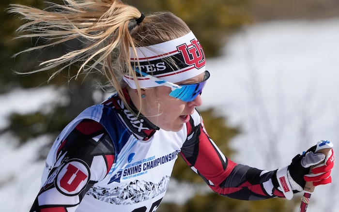 (Francisco Kjolseth | The Salt Lake Tribune) Sophia Laukli of the University of Utah competes during the women’s 5K classic in the NCAA Skiing Championships held at the Soldier Hollow Nordic Center on Thursday, March 10, 2022 in Midway, Utah. Laukli tied for second place with a time of 13:36.2. 




