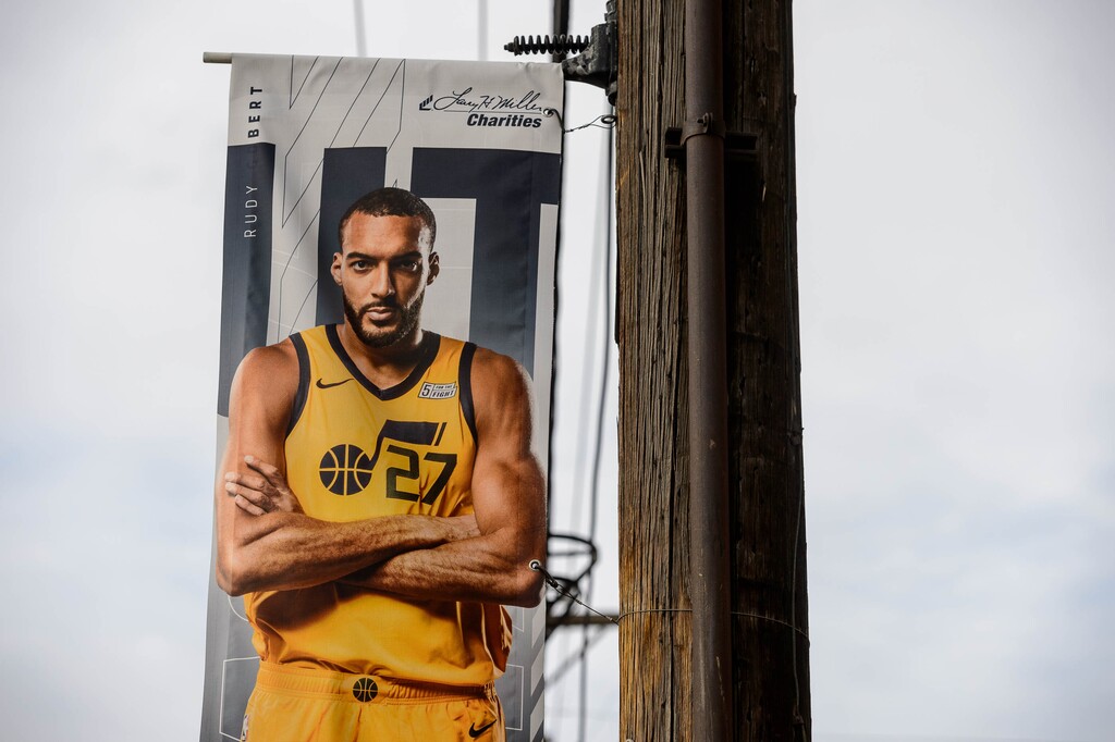 (Trent Nelson  |  The Salt Lake Tribune) A banner displaying Utah Jazz center Rudy Gobert in Salt Lake City on Saturday, April 4, 2020.