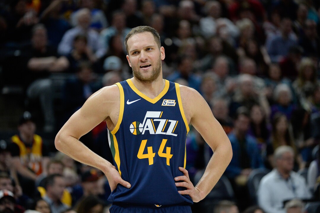 (Francisco Kjolseth  |  The Salt Lake Tribune)  Utah Jazz forward Bojan Bogdanovic (44) shrugs a call as the Utah Jazz host the New Orleans Pelicans in their NBA basketball game at Vivint Smart Home Arena in Salt Lake City on Sat. Nov. 23, 2019.