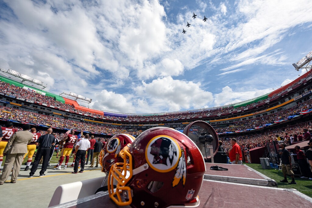 (Nick Wass | AP file photo)  F-26 fighter jets from the DC Air National Guard fly over FedEx Field before an NFL football game against between the Washington Redskins and the Dallas Cowboys in Landover, Md., on Sept. 18, 2016.