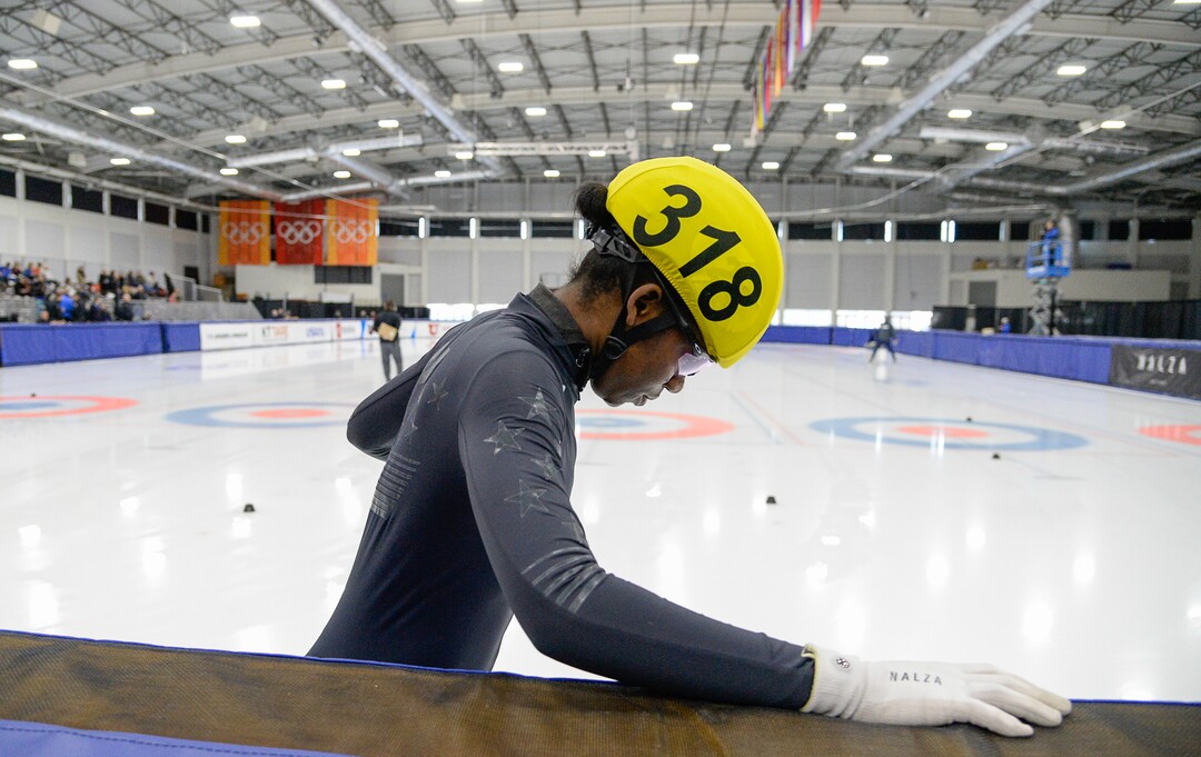 (Francisco Kjolseth  |  The Salt Lake Tribune) Maame Biney hits the ice prior to a 2000 meter mixed semifinal relay race as part of the U.S. Short Track Speedskating championships on Friday, Jan. 3, 2020, at the Utah Olympic Oval in Kearns.