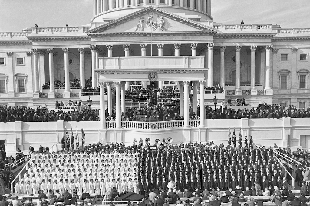 Members of the Mormon Tabernacle Choir are shown at the Capitol in Washington, Jan. 20, 1965 moments before the arrival of President Lyndon Johnson for his inaugural. (AP Photo)