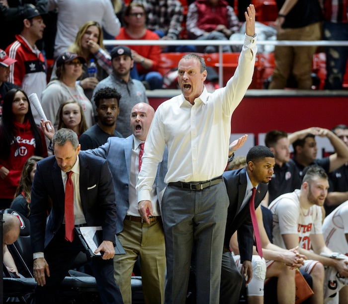 (Steve Griffin  |  The Salt Lake Tribune) Utah head coach Larry Krystkowiak can't believe a call late in the Utes game against the Arizona State Sun Devils at the Huntsman Center on the University of Utah campus in Salt Lake City Sunday January 7, 2018.