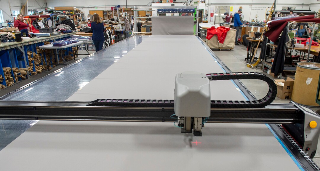 (Rick Egan  |  The Salt Lake Tribune)      Industrial cutting and sewing machines at SugarHouse Industries are cutting material for face masks and face shields, to protect against coronavirus, Thursday, March 26, 2020.