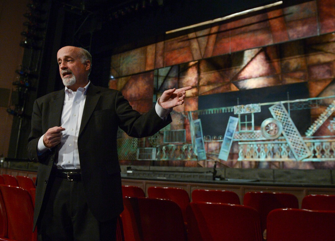 (Leah Hogsten  |  The Salt Lake Tribune) Chris Lino, managing director of Pioneer Theatre Company, leads a backstage tour of the theater and shows off the set for the upcoming production of “Twelfth Night,” on Tuesday, March 20, 2018.  After 28 years with the company, Lino recently announced he is retiring next year.