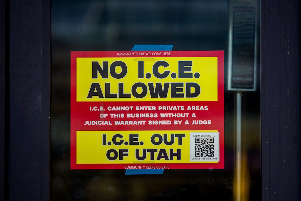 (Trent Nelson  |  The Salt Lake Tribune) A sign reads, "No I.C.E. Allowed" on the front door of a business in downtown Salt Lake City in December.