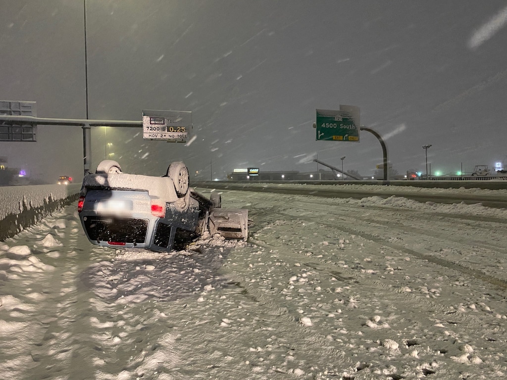 (Utah Highway Patrol) A snowstorm that dumped a foot or more of snow on Utah caused dozens of accidents.