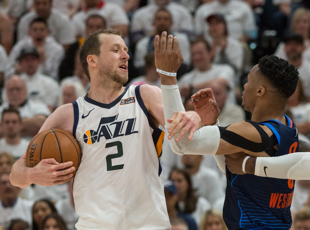 (Rick Egan  |  The Salt Lake Tribune) Utah Jazz forward Joe Ingles (2) reacts after being found by Oklahoma City Thunder forward Corey Brewer (3), in game 4, NBA playoff action between Utah Jazz and Oklahoma City Thunder, in Salt Lake City, Monday April 23, 2018.