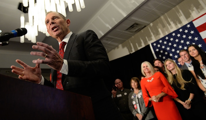 (Francisco Kjolseth  |  The Salt Lake Tribune)  John Curtis, Republican candidate for 3rd Congressional District, celebrates his win at the Provo Marriott Hotel & Conference Center Tuesday, Nov. 7, 2017. He will fill the congressional seat recently vacated by Jason Chaffetz.