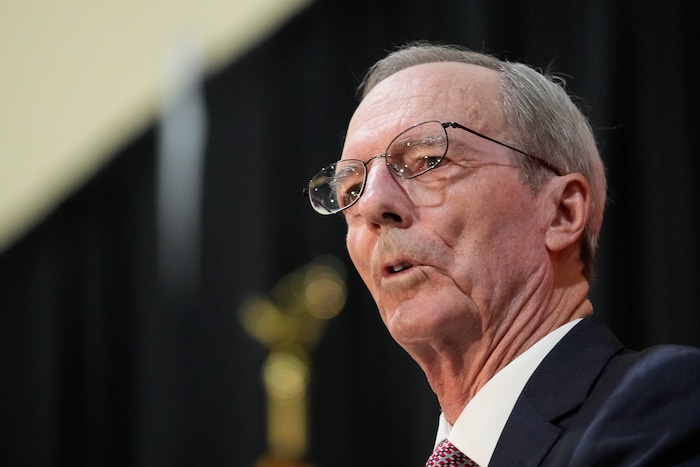 (Francisco Kjolseth  |  The Salt Lake Tribune) Tad Callister, an emeritus general authority Seventy of The Church of Jesus Christ of Latter-day Saints, speaks at the Davis County GOP Lincoln Day Dinner in Layton on Saturday, February. 24, 2024. Callister died Oct. 9, 2025, at age 79, in Bountiful.
