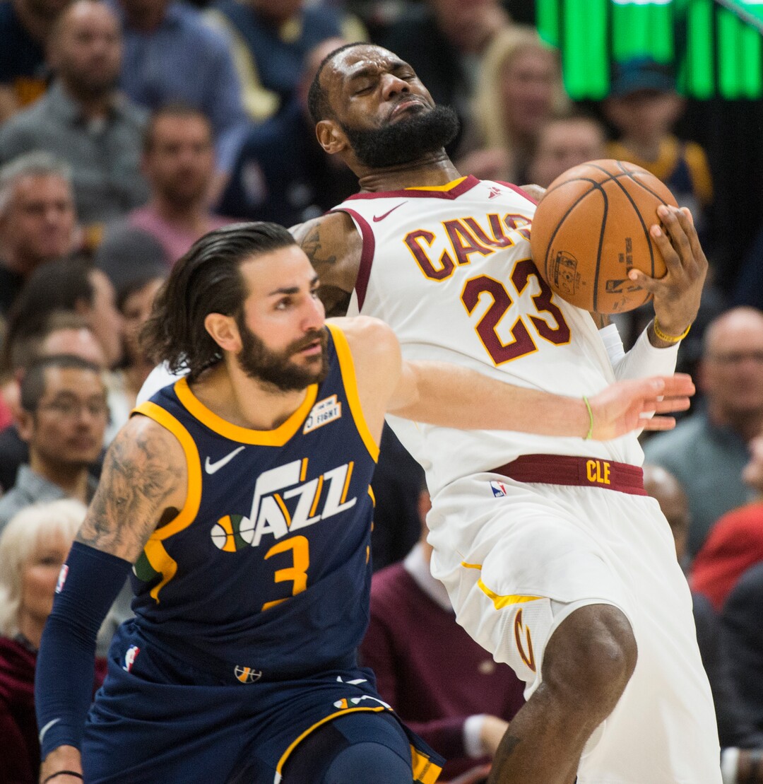 (Rick Egan  |  The Salt Lake Tribune)   Utah Jazz guard Ricky Rubio (3) tries to get the ball from Cleveland Cavaliers forward LeBron James (23), in NBA action Utah Jazz vs Cleveland Cavaliers, in Salt Lake City,  Saturday, December 30, 2017.