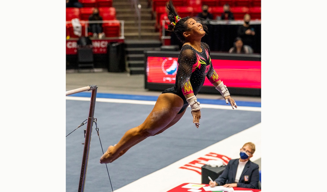 (Rick Egan | The Salt Lake Tribune) Cristal Isa dismounts from the uneven bars, in PAC-12 gymnastics action Utah vs Arizona, at the Huntsman Center onSaturday, Jan. 23, 2021.