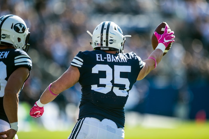 (Chris Detrick  |  The Salt Lake Tribune)  Brigham Young Cougars running back Brayden El-Bakri (35) celebrates after recovering the ball after tackling San Jose State Spartans wide receiver Rahshead Johnson (8) on the opening kick-off during the game at LaVell Edwards Stadium Saturday, October 28, 2017.  