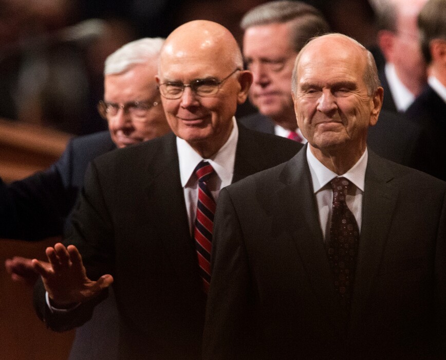 (Rick Egan  |  The Salt Lake Tribune)

Apostles M. Russell Ballard, Dallin H. Oaks and Russell M. Nelson wave to the crowd after the187th Annual General Priesthood meeting at the Conference Center in Salt Lake City, Saturday, April 1, 2017.