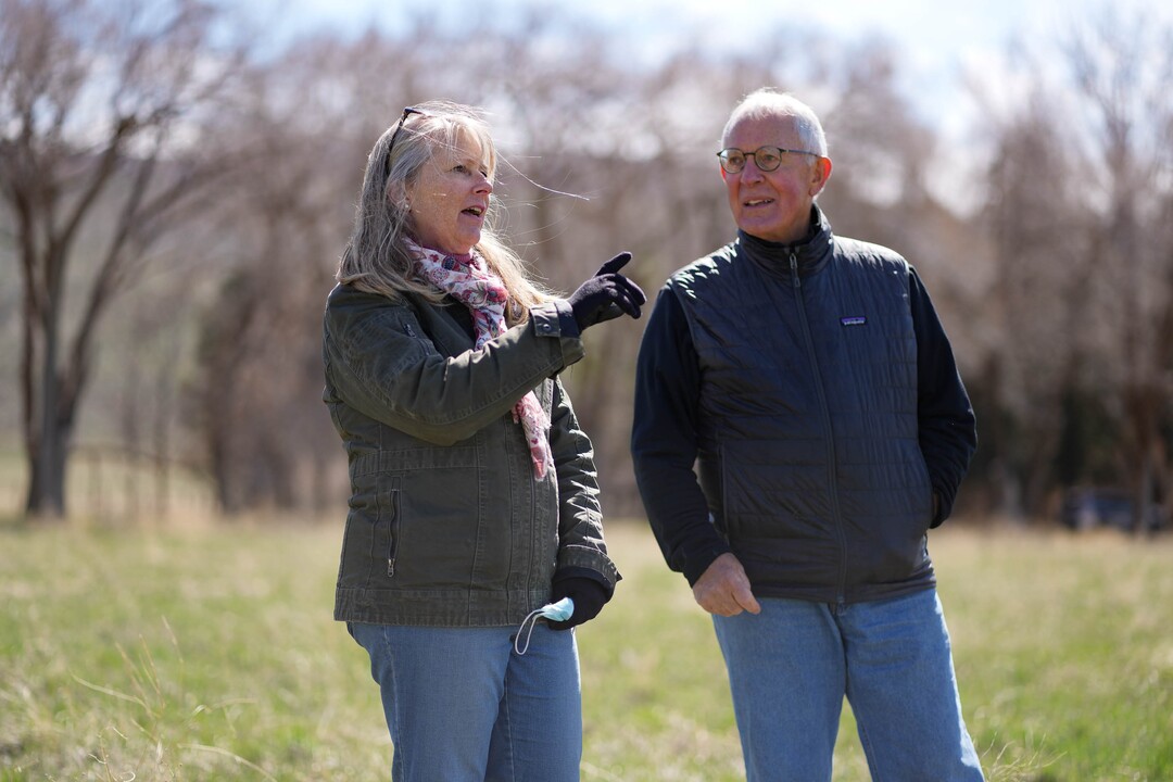 (Francisco Kjolseth  | The Salt Lake Tribune) Cheryl Fox, Executive Director of Summit Land Conservation talks with Marlin Jensen, an Ogden Valley Land Trust board member during a tour of the farm land surrounding the Huntsville monastery as open space on Tuesday, April 13, 2021.