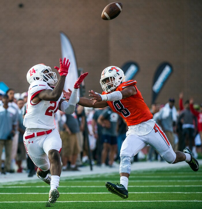 (Chris Detrick | The Salt Lake Tribune) East's Jaylon Vickers (24) makes a touchdown catch past Timpview's Tevita Foketi (8) during the game at Timpview High School Thursday, August 17, 2017.