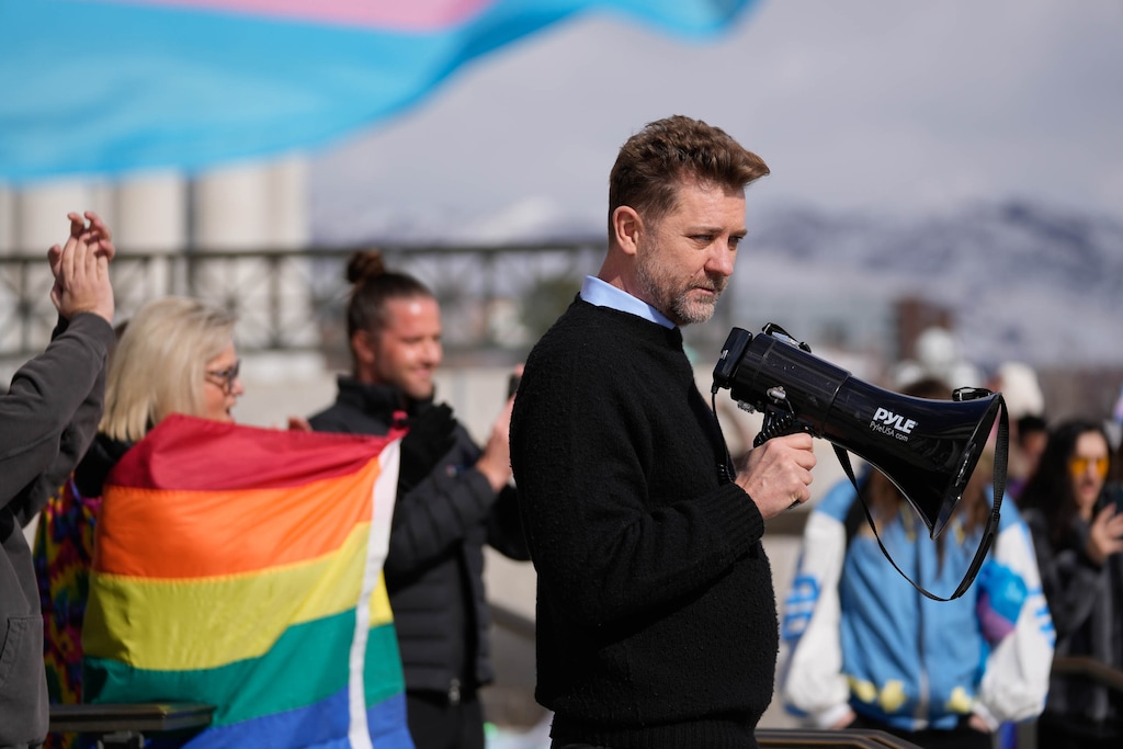 (Francisco Kjolseth | The Salt Lake Tribune) Troy Williams, a prominent organizer for LGBTQ+ Utahns, lends his voice as the Utah Pride Center sponsors a protest at the Utah Capitol over HB77, a bill that bans pride flags from Utah schools and government property, on the last day of the Legislative session, Friday, March 7, 2025.