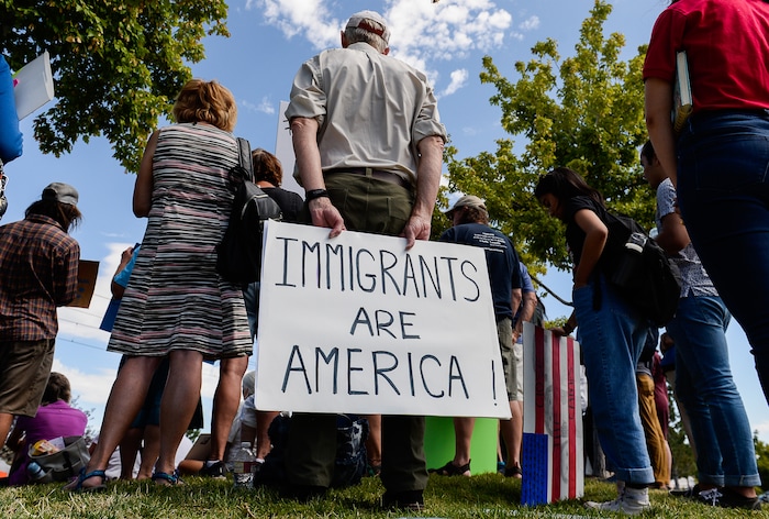 (Francisco Kjolseth  |  The Salt Lake Tribune)  Stan Holms joins Utah Jewish Community organizations, their members and friends gather outside of the U.S. Immigration and Customs Enforcement (ICE) field office at 2975 S. Decker Lake Drive in West Valley City, on Saturday, Aug. 10, 2019, for a Close The Camps vigil and to condemn government policies that endanger, imprison and deport immigrants, refugees and asylum seekers.
