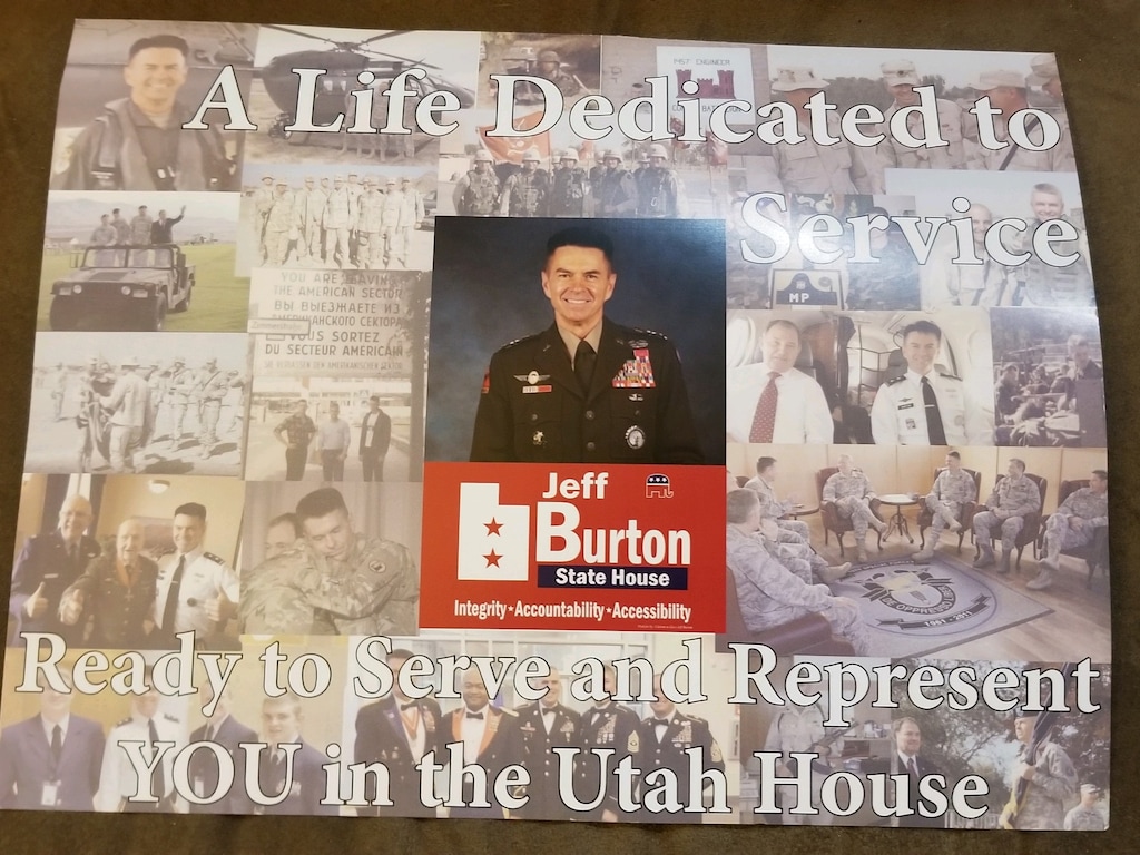 (Courtesy photo) A flyer showing legislative candidate Jefferson Burton in uniform, apparently the second campaign postcard in violation of Defense Department rules. Burton says now that it had already been sent to the post office when an earlier story about problems appeared. He had promised to fix problems going forward.