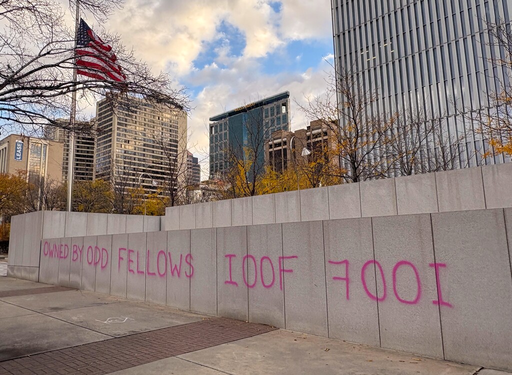 (Jeff Parrott | The Salt Lake Tribune) Graffiti is seen on the Orrin G. Hatch Federal Courthouse in Salt Lake City, Thursday, Nov. 6, 2025.