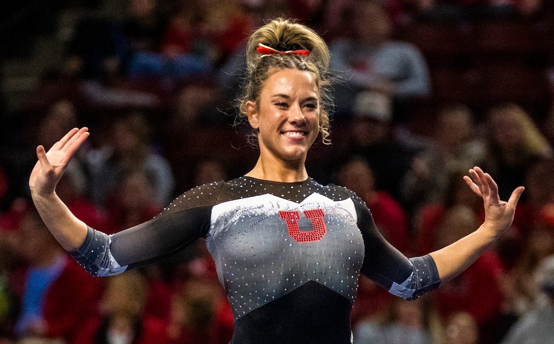 (Rick Egan | The Salt Lake Tribune)  Jaylene Gilstrap competes on the floor for Utah, in Gymnastics actin between Utah, LSU, Oklahoma and UCLA at the Maverik Center, on Saturday, Jan. 13, 2024.