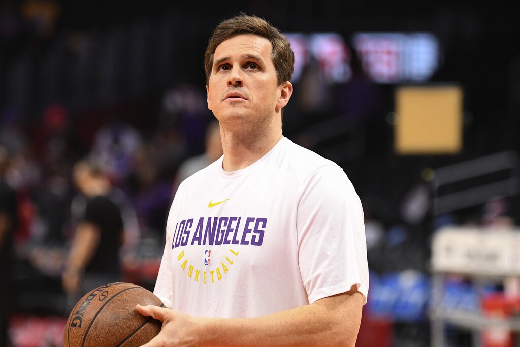 LOS ANGELES, CA - NOVEMBER 27: Los Angeles Lakers Assistant Coach Mark Madsen looks on before an NBA game between the Los Angeles Lakers and the Los Angeles Clippers on November 27, 2017 at STAPLES Center in Los Angeles, CA.(Photo by Brian Rothmuller/Icon Sportswire) (Icon Sportswire via AP Images)