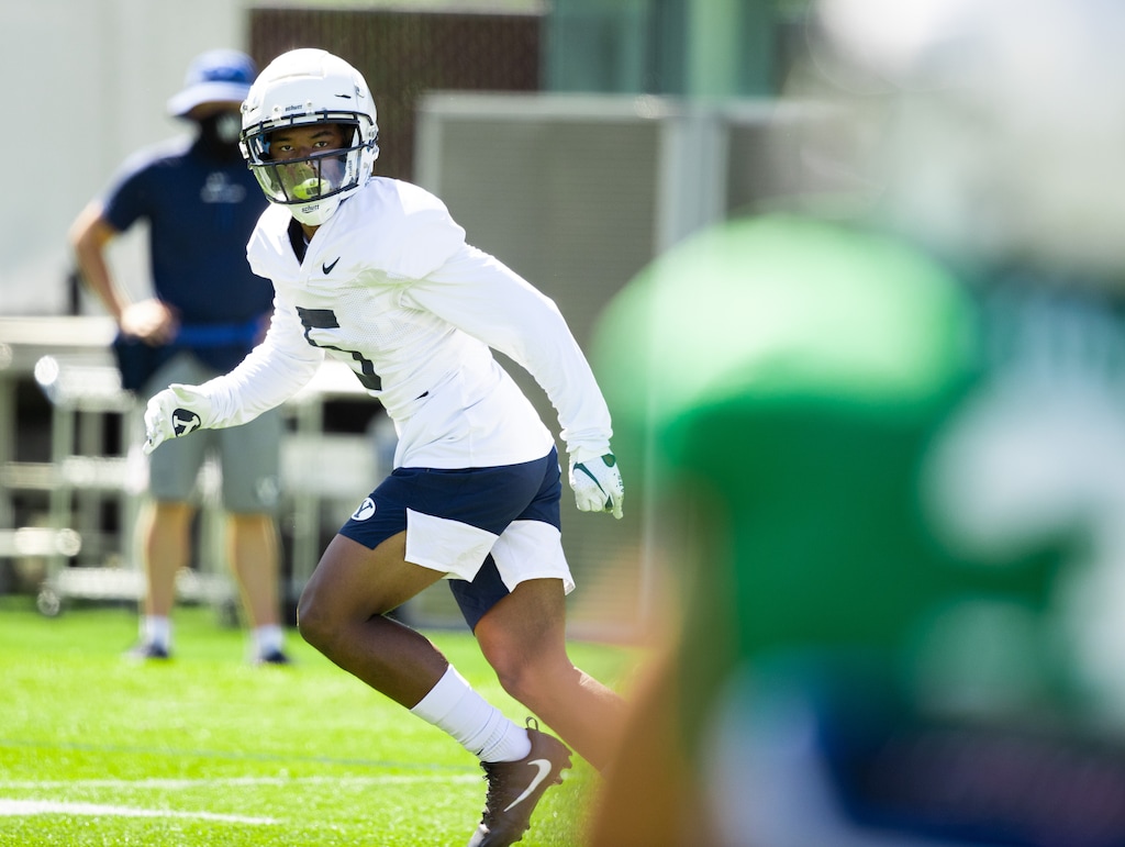 BYU DB Micah Harper goes through drills in fall camp. (Photo by Jaren Wilkey/BYU)