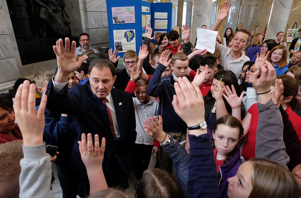 (Francisco Kjolseth | The Salt Lake Tribune) Gov. Gary Herbert asks students from Venture Academy in Ogden, "who's planning to go to college and register to vote?" as he mingled with students at the Capitol during the 2018 Legislative session, Tuesday, March 6, 2018.