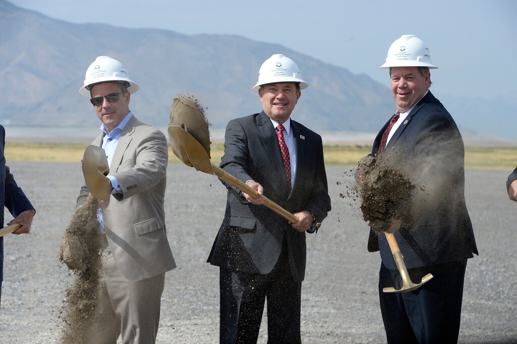 (Scott Sommerdorf | The Salt Lake Tribune) Utah Governor Gary Herbert, center, turns dirt along with other dignitaries at the site of the new prison, Wednesday, August 16, 2017. Rep. Brad Wilson, R-Layton, is left of the Governor, and Rep. Eric Hutchings, R-Kearns, is to the right.