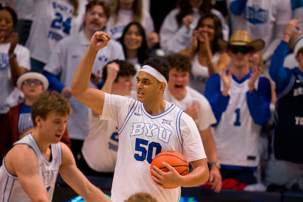 (Trent Nelson  |  The Salt Lake Tribune) Brigham Young Cougars center Aly Khalifa (50) as BYU hosts Baylor, NCAA basketball in Provo on Tuesday, Feb. 20, 2024.