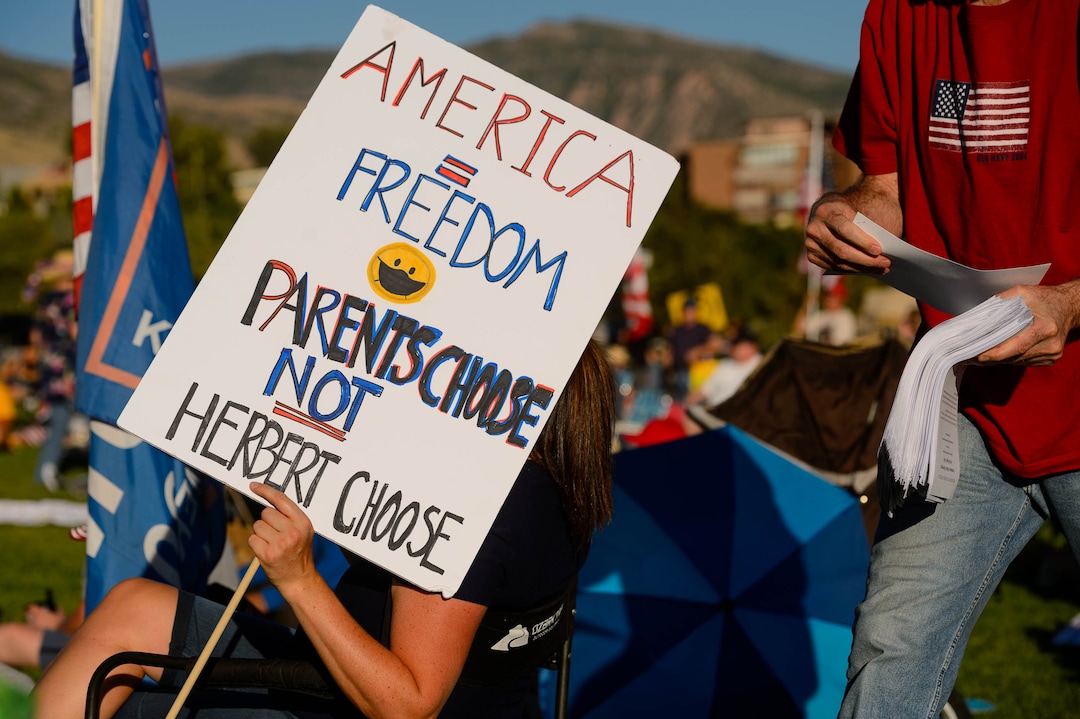 (Trent Nelson  |  The Salt Lake Tribune) A rally protesting government mask mandates at the State Capitol in Salt Lake City on Saturday, Sept. 5, 2020.