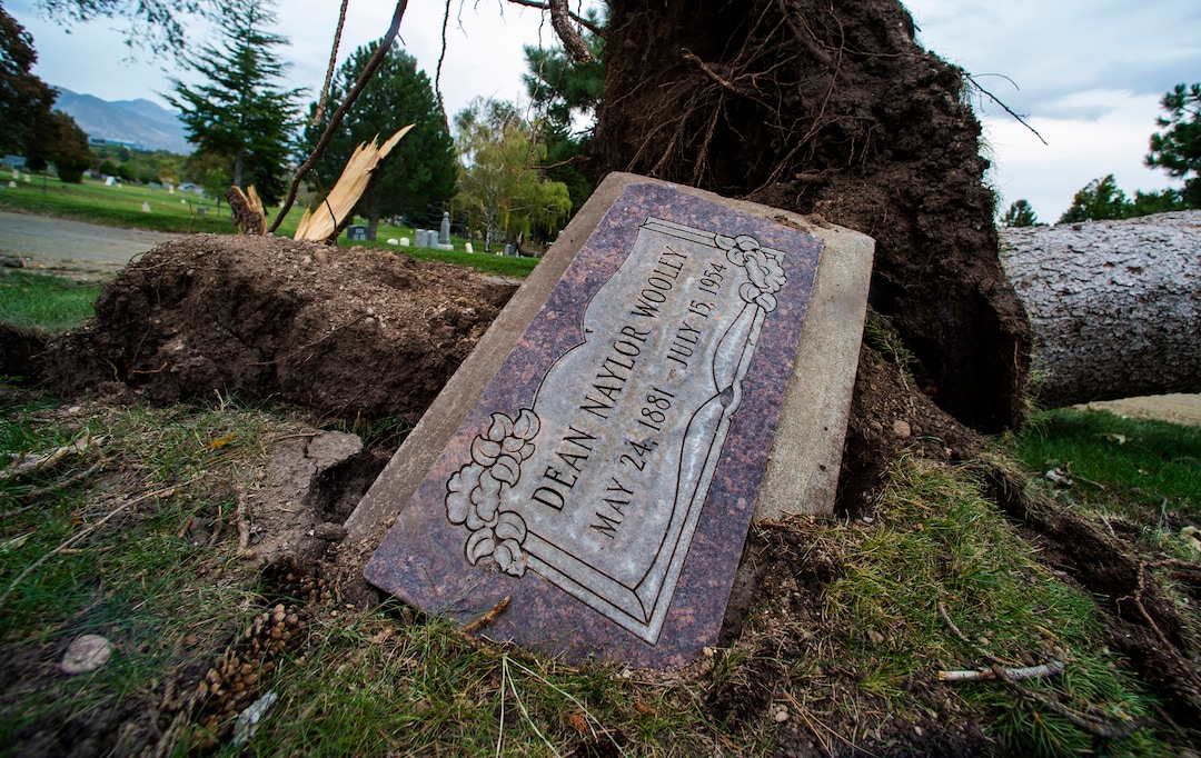 (Rick Egan  |  The Salt Lake Tribune)    Hundreds of headstones in the Salt Lake City Cemetery were damages in the recent wind storm, Friday, Sept. 18, 2020.