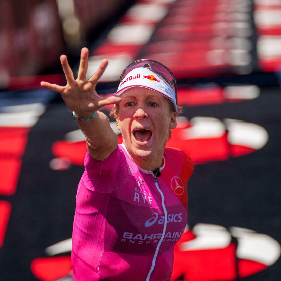 (Trent Nelson  |  The Salt Lake Tribune) Daniela Ryf celebrates her fifth championship after winning the Ironman World Championship triathlon in St. George on Saturday, May 7, 2022.