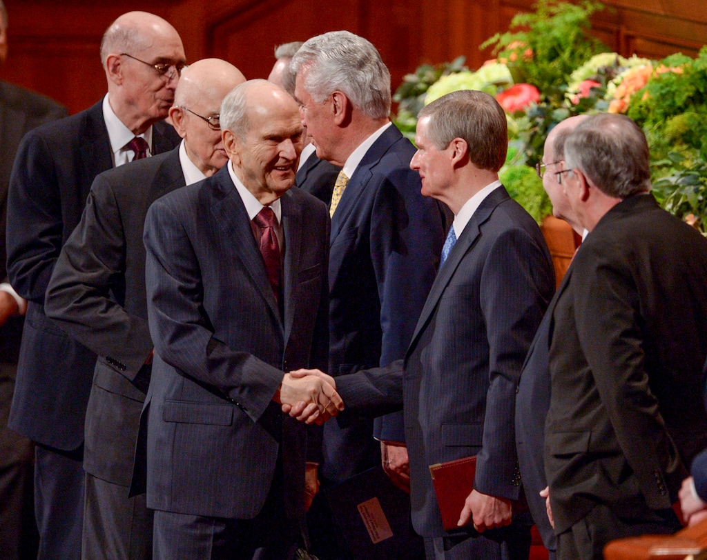 (Leah Hogsten | Tribune file photo) President Russell M. Nelson greets Elder David A. Bednar at the close of the morning session of the 189th Annual General Conference of The Church of Jesus Christ of Latter-day Saints, April 6, 2019 in Salt Lake City.