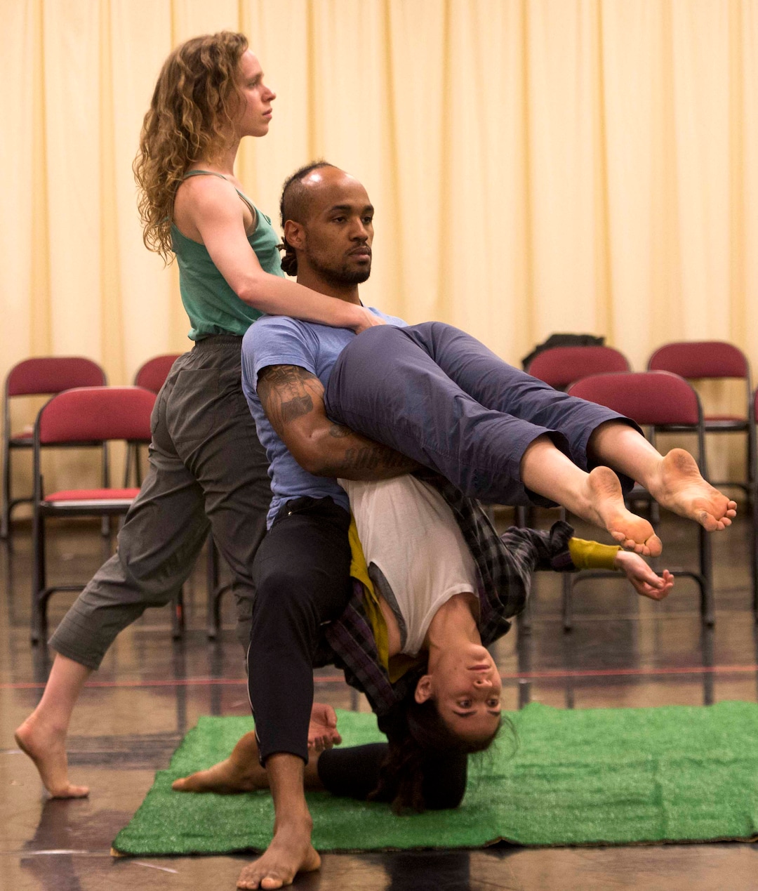 (Rick Egan  |  The Salt Lake Tribune)     Ririe-Woodbury dancers Bashaun Williams, Mary Lyn Graves and Melissa Younker rehearse for their show next week, and for their upcoming international tour to South Korea and Mongolia. Wednesday, April 18, 2018.