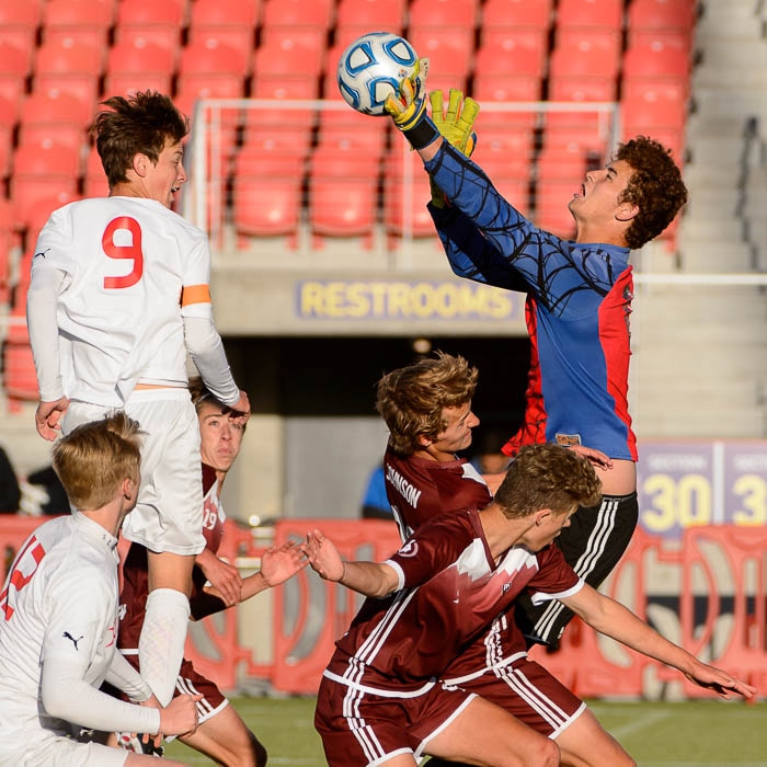 (Trent Nelson | The Salt Lake Tribune)  Judge Memorial faces Morgan High School in the 3A state championship game, Saturday May 12, 2018. Morgan goalkeeper Trek Loveridge.