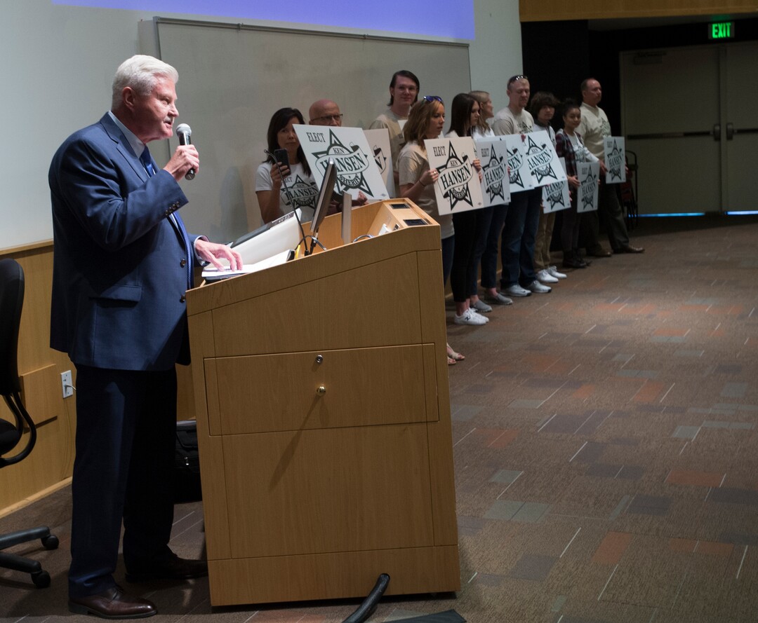 (Rick Egan  |  The Salt Lake Tribune)  Candidate Ken Hansen gives a speech Saturday, Aug. 12, 2017, before the vote for the Salt Lake County sheriff.