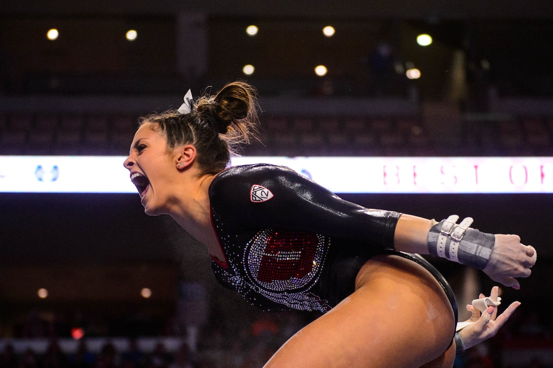 (Trent Nelson  |  The Salt Lake Tribune) Utah's Emilie LeBlanc on the bars at the Best of Utah NCAA Gymnastics Meet in West Valley City on Saturday, Jan. 11, 2020.