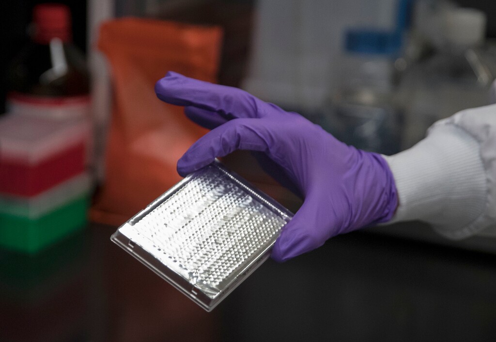 Biologist Jason Plyler holds a plate containing immune cells ready for genetic analysis at the Vaccine Research Center at the National Institutes of Health, Tuesday, Dec. 19, 2017, in Bethesda, Md. Researchers hope they're finally closing in on stronger flu shots, ways to boost much-needed protection against ordinary winter influenza and guard against future pandemics at the same time.  (AP Photo/Carolyn Kaster)