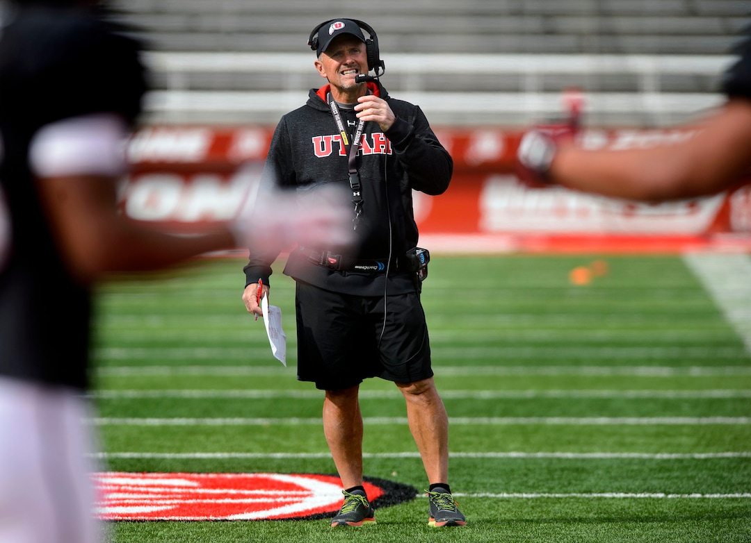 (Steve Griffin  |  The Salt Lake Tribune) Utah head football coach Kyle Whittingham keeps and eye on the action during the University of Utah football team's first scrimmage at Rice-Eccles Stadium in Salt Lake City Friday March 30, 2018.