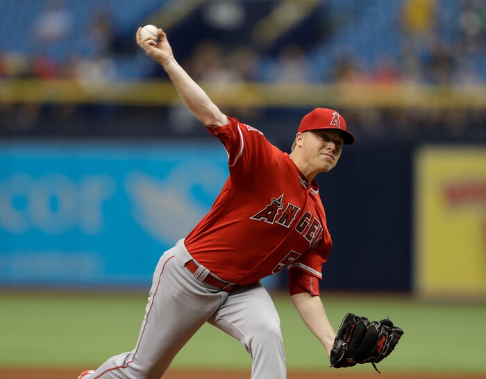 Los Angeles Angels pitcher Daniel Wright during the first inning of a baseball game against the Tampa Bay Rays Thursday, May 25, 2017, in St. Petersburg, Fla. (AP Photo/Chris O'Meara)
