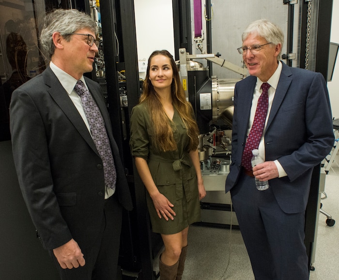 (Rick Egan  |  The Salt Lake Tribune)     Markus Babst, Interim director of Eyring Center for Cell and Genome Science And Professor of Biology visits with graduate student, Zoe Praggastif and Henry White, Dean of the College of Science, at the opening of the new Gary and Ann Crocker Science Center at the University of Utah, Thursday, April 19, 2018.


