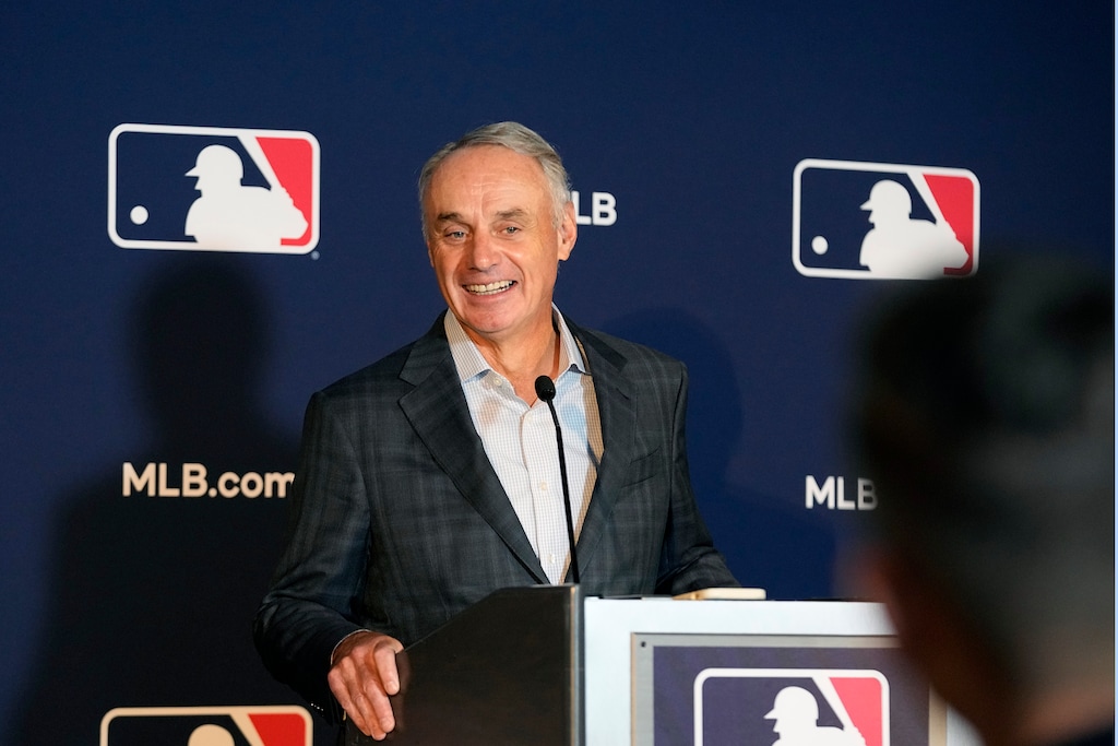(LM Otero | AP) Major League Baseball commissioner Rob Manfred speaks during a news conference after an owners meeting in Arlington, Texas, Thursday, Nov. 16, 2023.