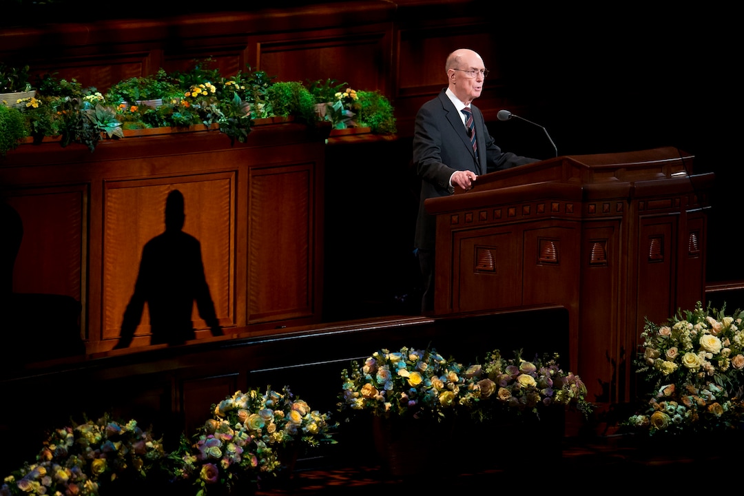 (Jeremy Harmon  |  The Salt Lake Tribune)  President Henry B. Eyring speaks during the Sunday morning session of General Conference on April 1, 2018.