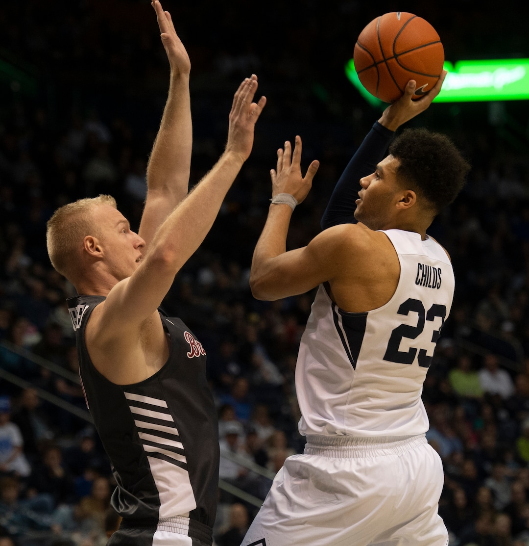(Rick Egan  |  The Salt Lake Tribune)       Brigham Young Cougars forward Yoeli Childs (23) shoots as Santa Clara Broncos forward Henrik Jadersten (3) defends, in basketball action between Brigham Young Cougars and Santa Clara Broncos at the Marriott Center in Provo, Saturday, Jan. 12, 2019.